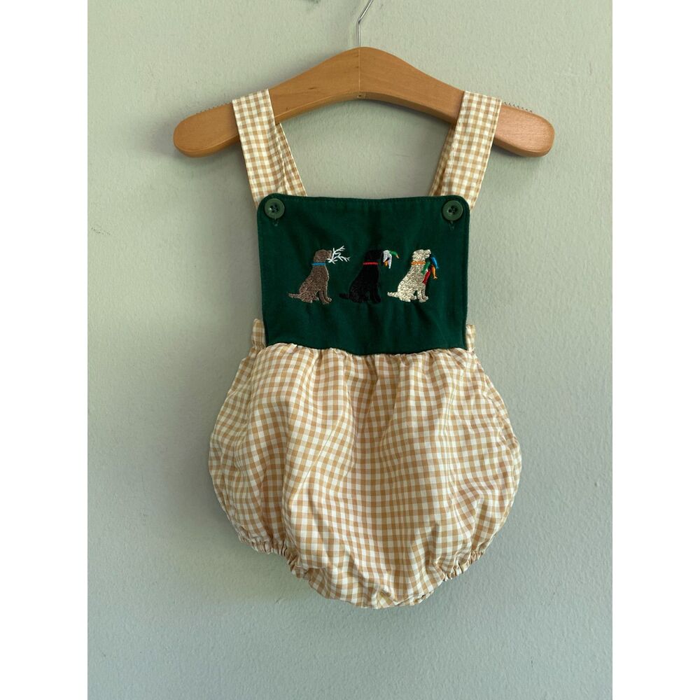 Rare Vintage Hunting Dogs Tan Gingham Check Embriodered Boys Overalls Romper 6M